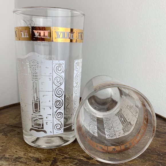 2 VTG MCM HIGHBALL TUMBLER GLASSES~Gold & White Roman Numerals Grandfather Clock - Picture 2 of 4